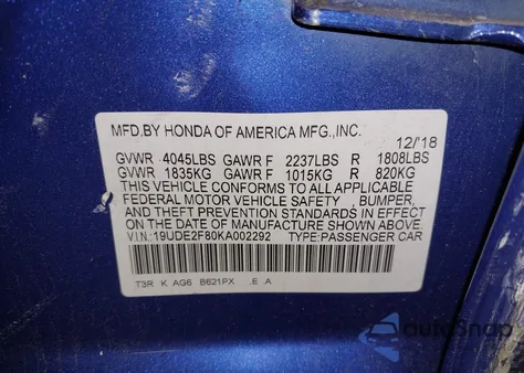 2019 Acura Ilx Premium A-Spec Packages/Technology A-Spec Packages from USA, damaged, VIN 19UDE2F80KA002292